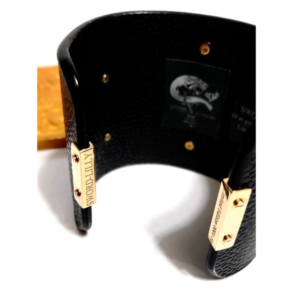 14-18 KT Yellow Gold Bangle Cuff Bracelet Studded Grained Leather - Picture 8 of 12